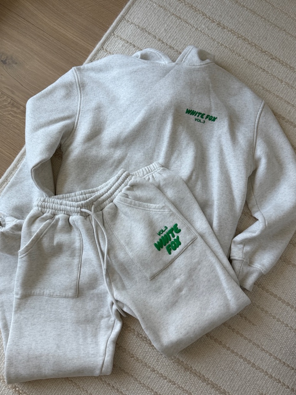 White Fox Boutique Cream Sweatshirt & Joggers Set with Green Logo